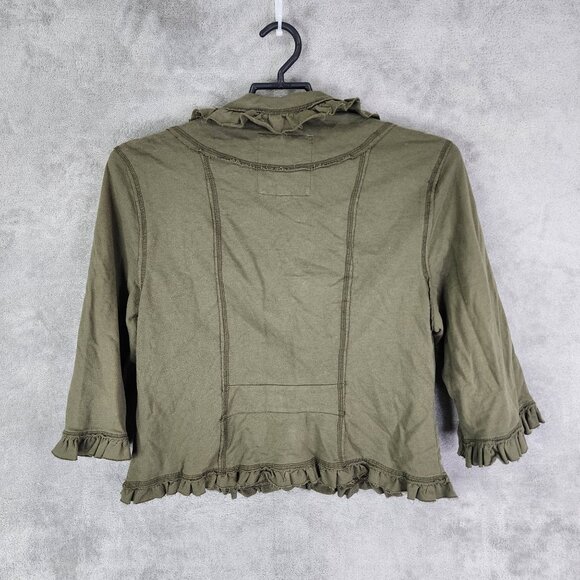 Womens Olive Green Decree Ruffle Blazer Jacket 3/4 Sleeves 100% Cotton Size XL - Picture 7 of 10